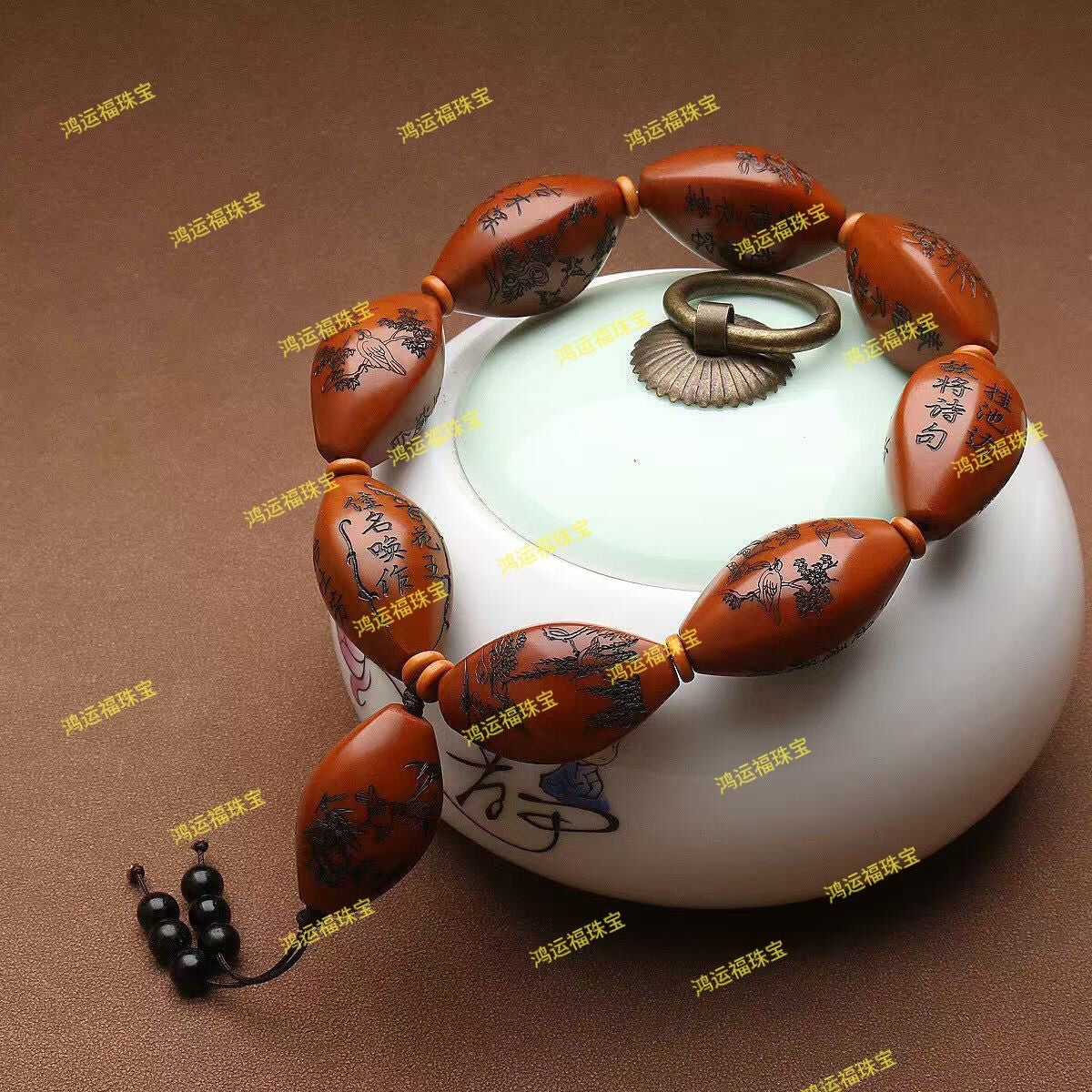 Hand Line Carved Olive Nut Bracelet Flower Bird Relief Text Engraved Wenwan Bead
