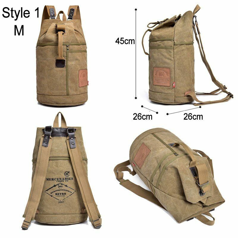 Tactical Bucket Canvas Backpack Letter Bag Outdoor Travel Climbing Round Pack L