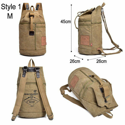Tactical Bucket Canvas Backpack Letter Bag Outdoor Travel Climbing Round Pack L