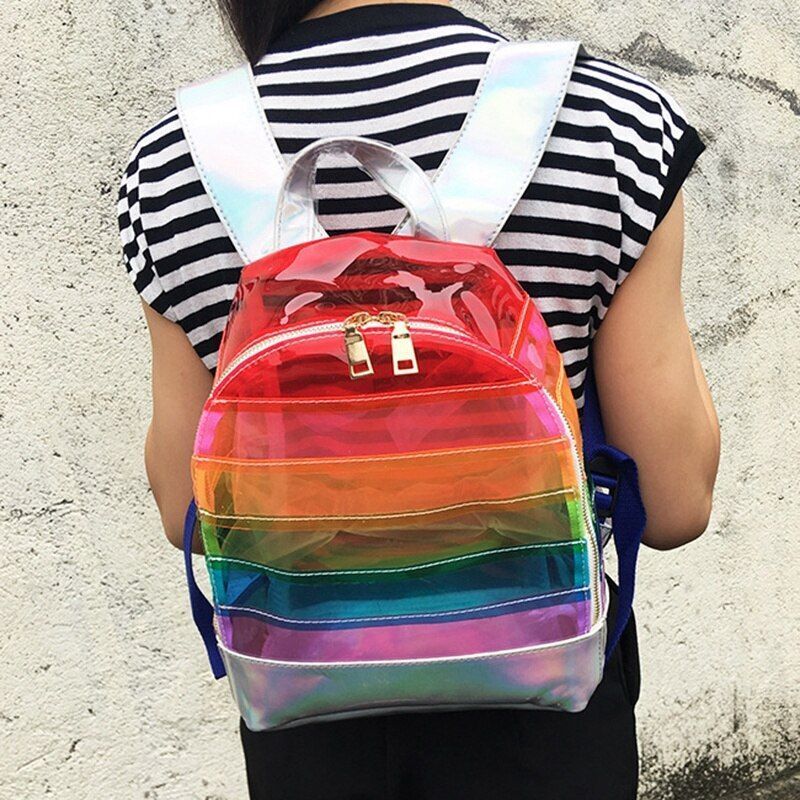 Backpack Colorful Stripes Plastic Transparent Bags Traveling Purse 31*25*11 CM