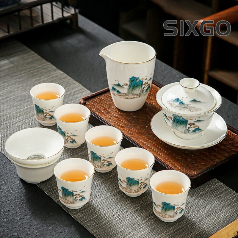Chinese Tea Set Fat Mutton Jade Porcelain Gaiwan Pitcher Tea Cup Mountain Print