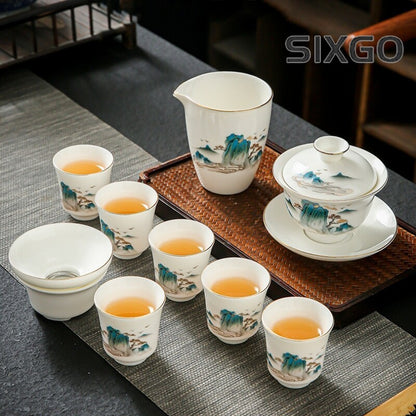 Chinese Tea Set Fat Mutton Jade Porcelain Gaiwan Pitcher Tea Cup Mountain Print