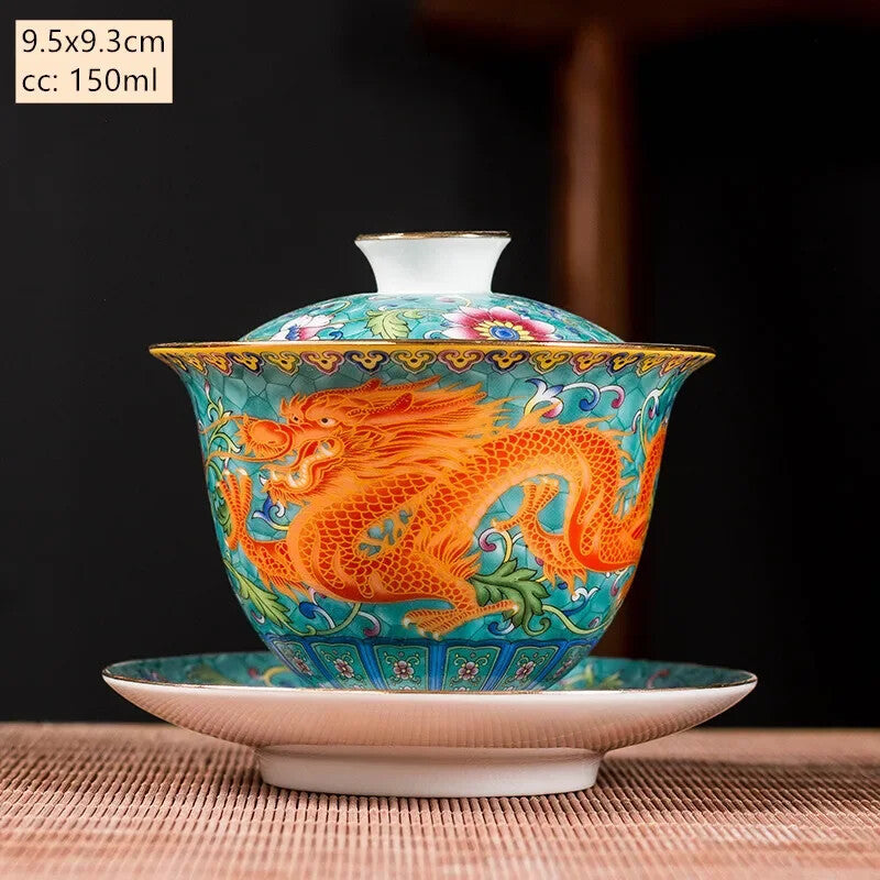 Ceramics Sancai Gaiwan Bowl Dragon and Phoenix Tea Cup Handmade Enamel Color