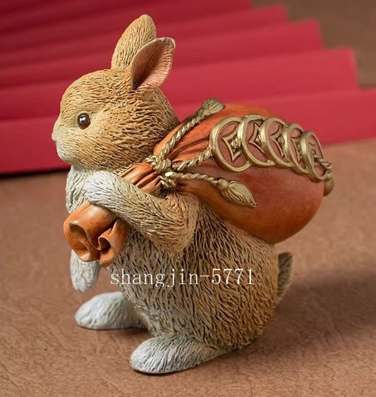 Cute Color Brass Rabbit Statue Wealth Pot Artwork Collection Home Office Decor