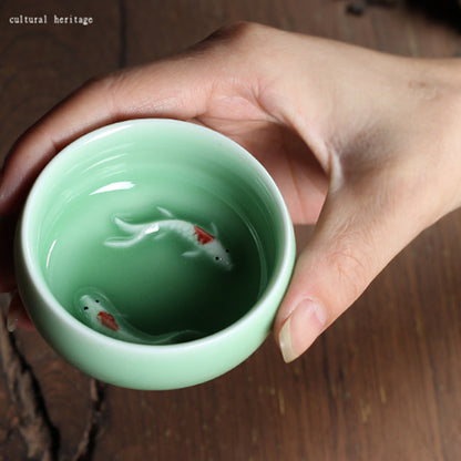 Longquan Porcelain Tea Cup Double Fish Set Marked Cup 55ml Longquan Celadon Cup