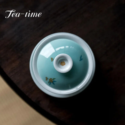 110ml Handpainted Spring Flower Ceramic Tea Tureen Retro Green Glaze Bowl Tea