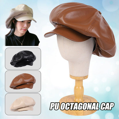 Womem Faux Leather Newsboy Hat Cabbie Cap Beret Flat Large Oversized Baggy Hat