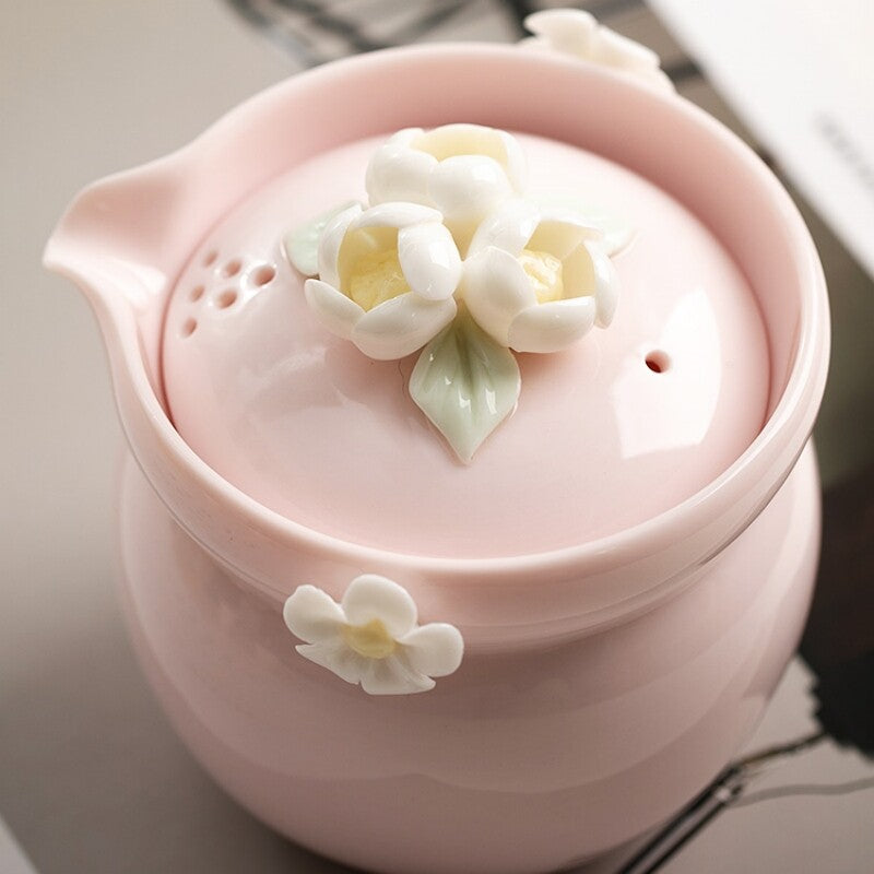 Chinese Tea Pot Matching Tea Cup Floral Handmade Relief Holiday Gift Ceramic Pot