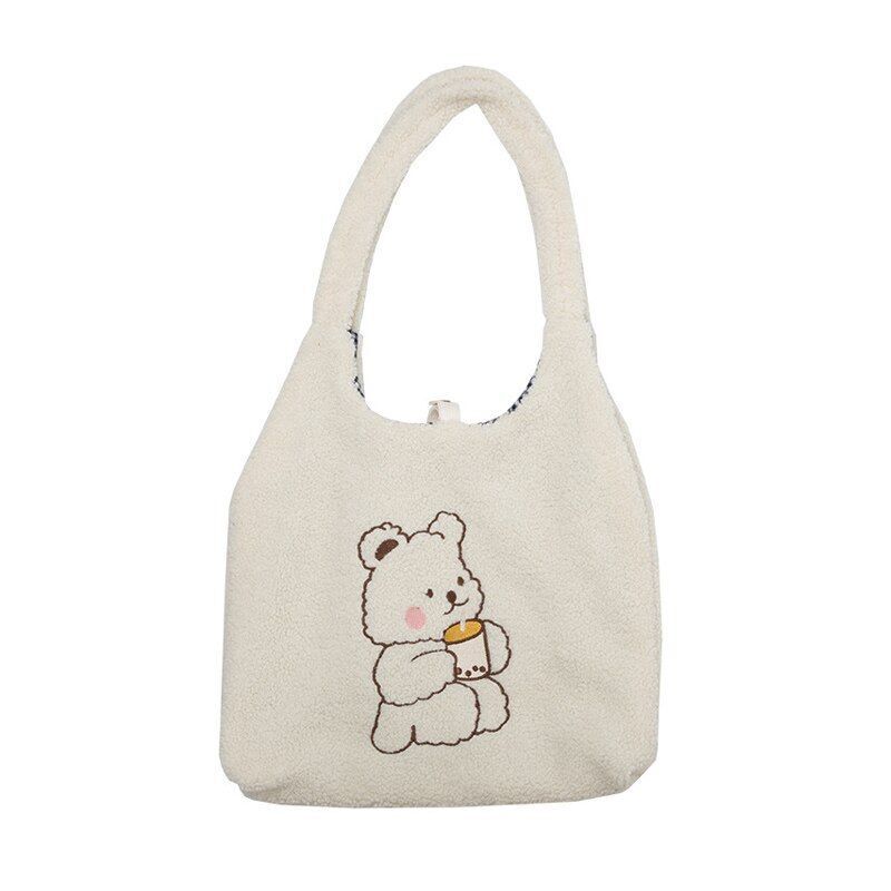 Canvas Purse Shoulder Bag Bear Embroider Crossbody Handbag Casual Shopper Bag