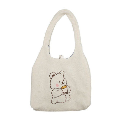 Canvas Purse Shoulder Bag Bear Embroider Crossbody Handbag Casual Shopper Bag