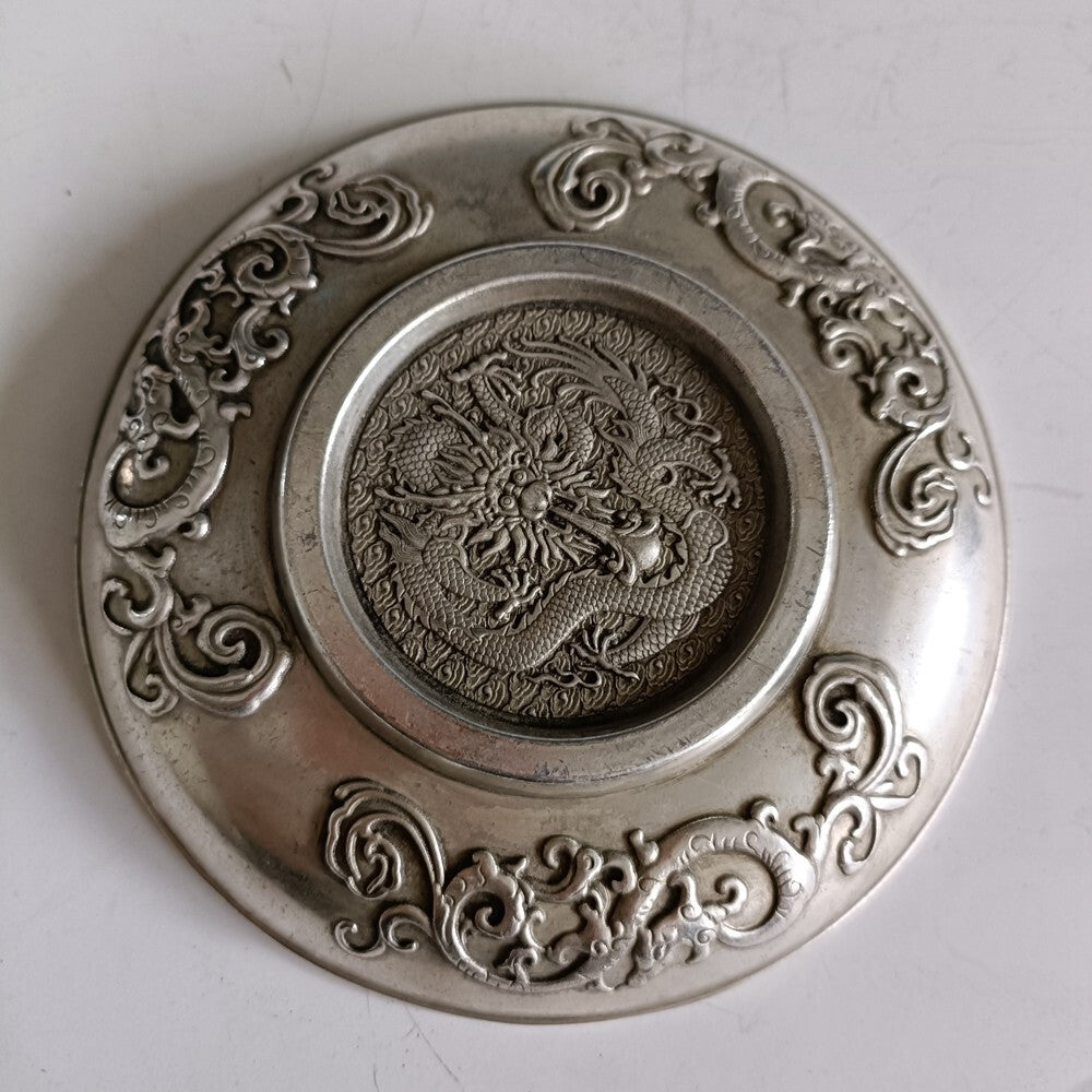 Exquisite Chinese old Tibetan silver hand-carved dragon and phoenix plate-