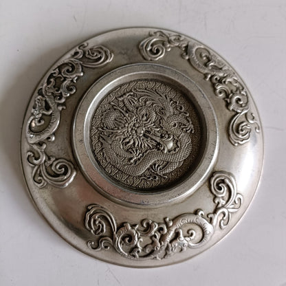 Exquisite Chinese old Tibetan silver hand-carved dragon and phoenix plate-