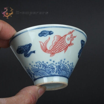 3.1" Chinese Qing Blue White Porcelain Folk Kiln Red Glaze Fish Douli Cup Decor