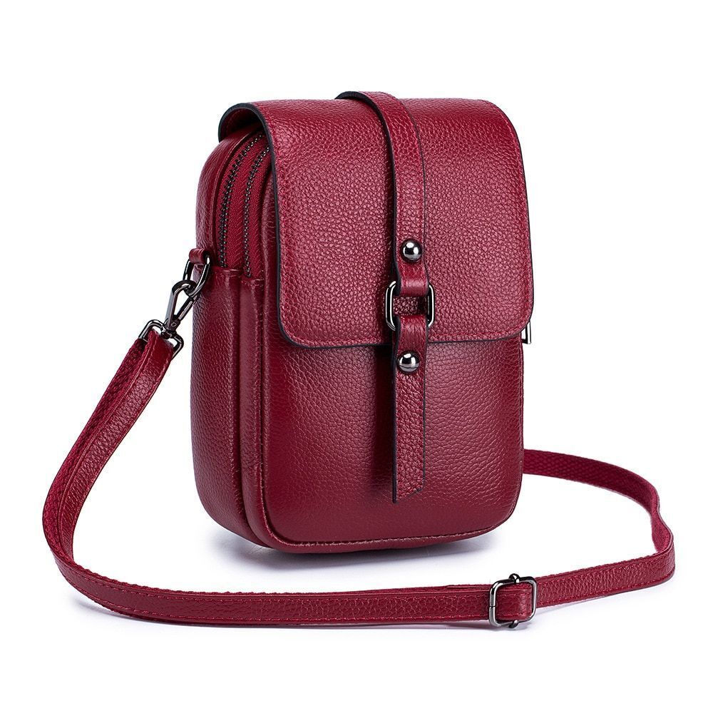 Mobile Phone Bag Genuine Leather Handbag Shoulder Bag Crossbody Purse Purple Red