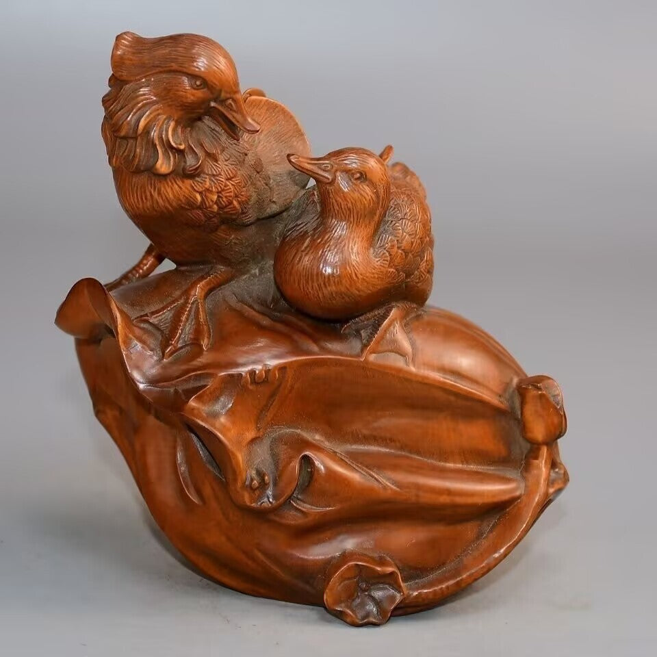 Old Boxwood Mandarin Ducks Couple StatueLove Happiness Marrage Feng Shui Decor