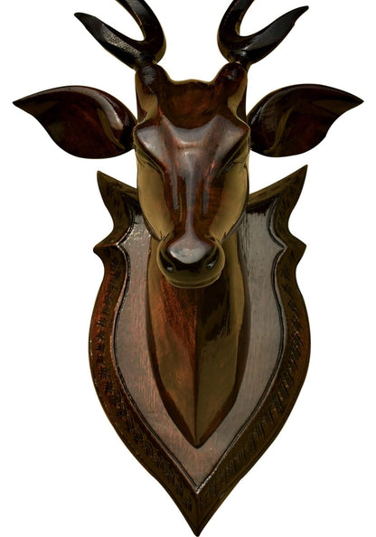 Handcrafted Wood Deer Head with Horn Sculpture Figurine Showpiece Wall Decor