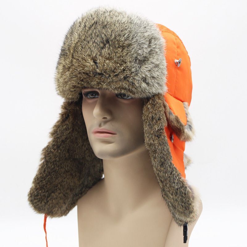 Men Bomber Hats Natural Real Rabbit Fur Outdoor Windproof Super Warm Cap 55-62cm