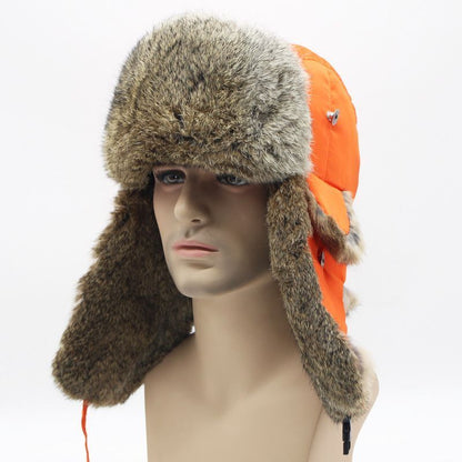 Men Bomber Hats Natural Real Rabbit Fur Outdoor Windproof Super Warm Cap 55-62cm