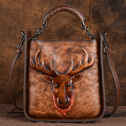 Designer Women's Genuine Leather Retro Handbags Deer Embossed Sling Shoulder Bag