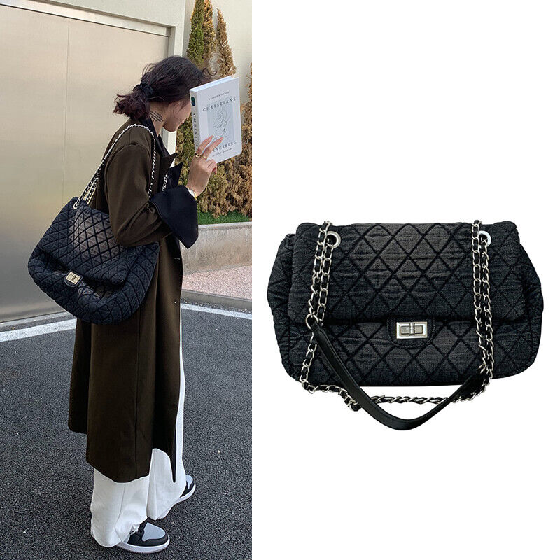 Medium/ Large Quilted Denim Shoulder Bag Flap Purse Handbag w/ Chains Tote Hobo