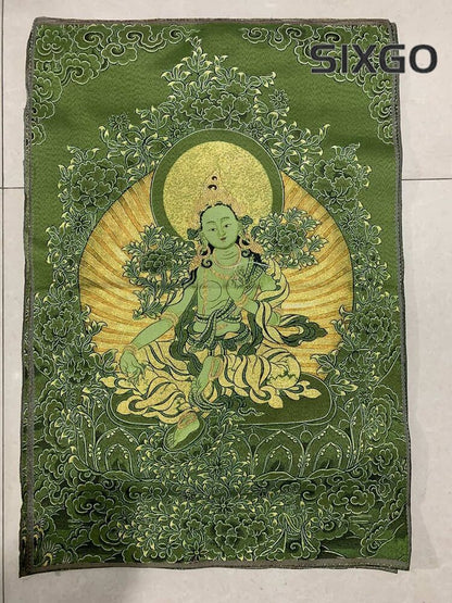 36"Tibet Tibetan Cloth Silk Buddhism Green Tara Guanyin Tangka Thangka Mural 075