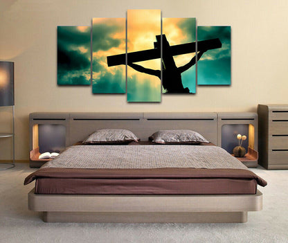 Cross Of Jesus Christ Light 5 Panel Canvas Print Wall Art Poster Home Decoration