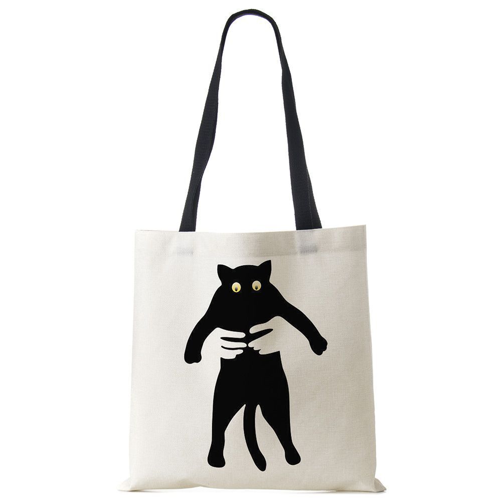 Tote Bags Black Cat Printed Linen Fabric Eco Handbag Shopping Reusable Shoulder