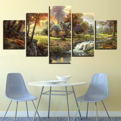 Forest Trees House Stream Landscape Canvas Print Painting Wall Art Home Decor 5P