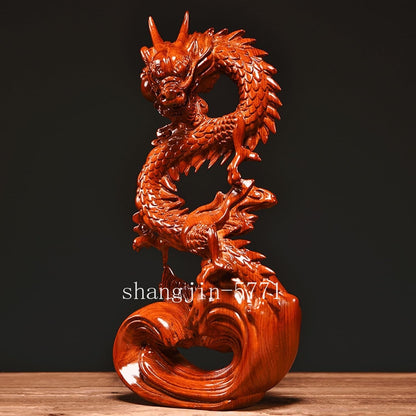 Feng Shui Dragon Statue Chinese Wood Figurine for Wealth & Luck Home Decor
