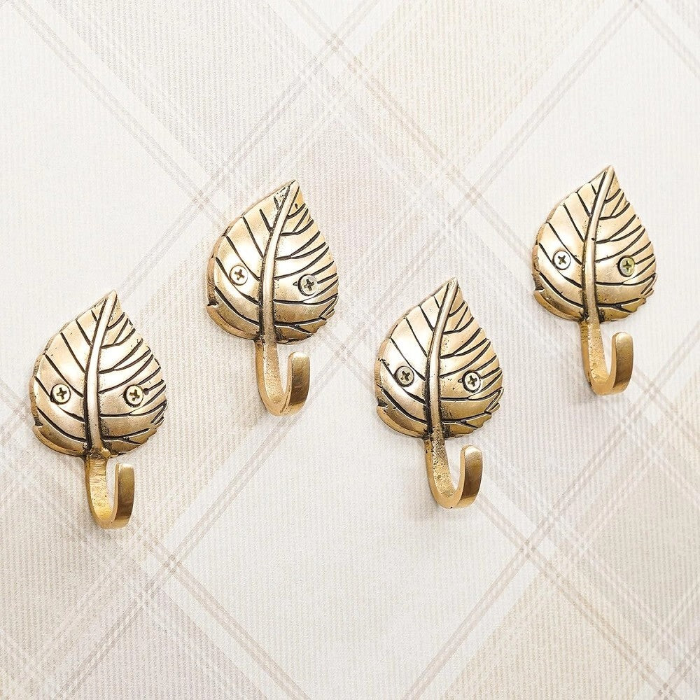 4 Pieces Brass Single Leaf Wall Hook Hanger Clothes Coat Hat Key Holder