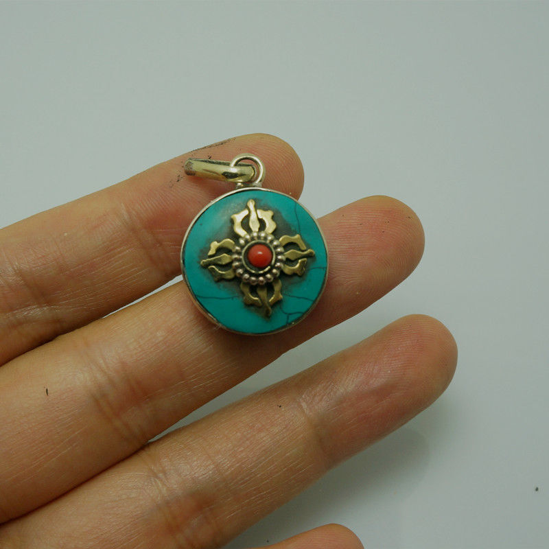 1pc New Buddhist Nepal Turquoise Vajra Round Gau Box Stupa Ethnic Pendant