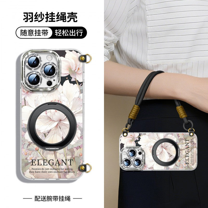 For iPhone 16 Pro/15/14/13 Flower Phone Case with Lanyard/Stand/Crossbody Strap