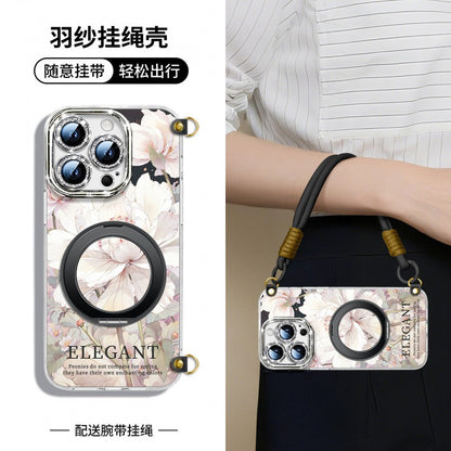 For iPhone 16 Pro/15/14/13 Flower Phone Case with Lanyard/Stand/Crossbody Strap