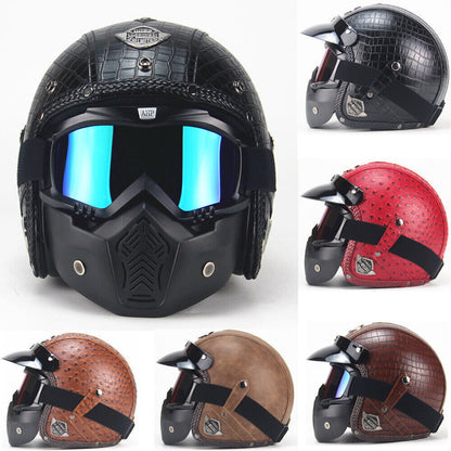 DOT Men Leather Motorcycle Half Face Helmet Goggles Mask Detachable Biker Pilot