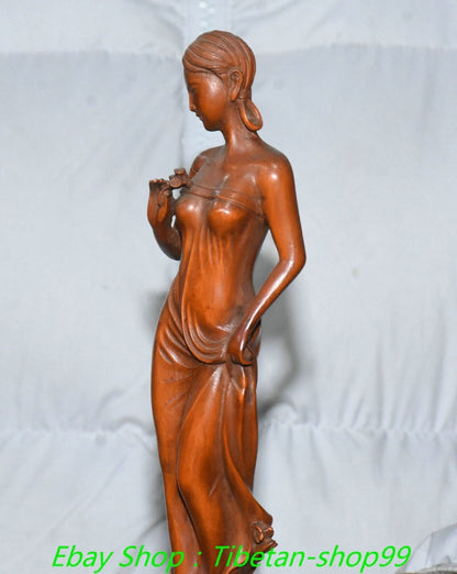 7.8''Old Chinese Boxwood Carving Beauty Beautiful Belle Statue Sculpture