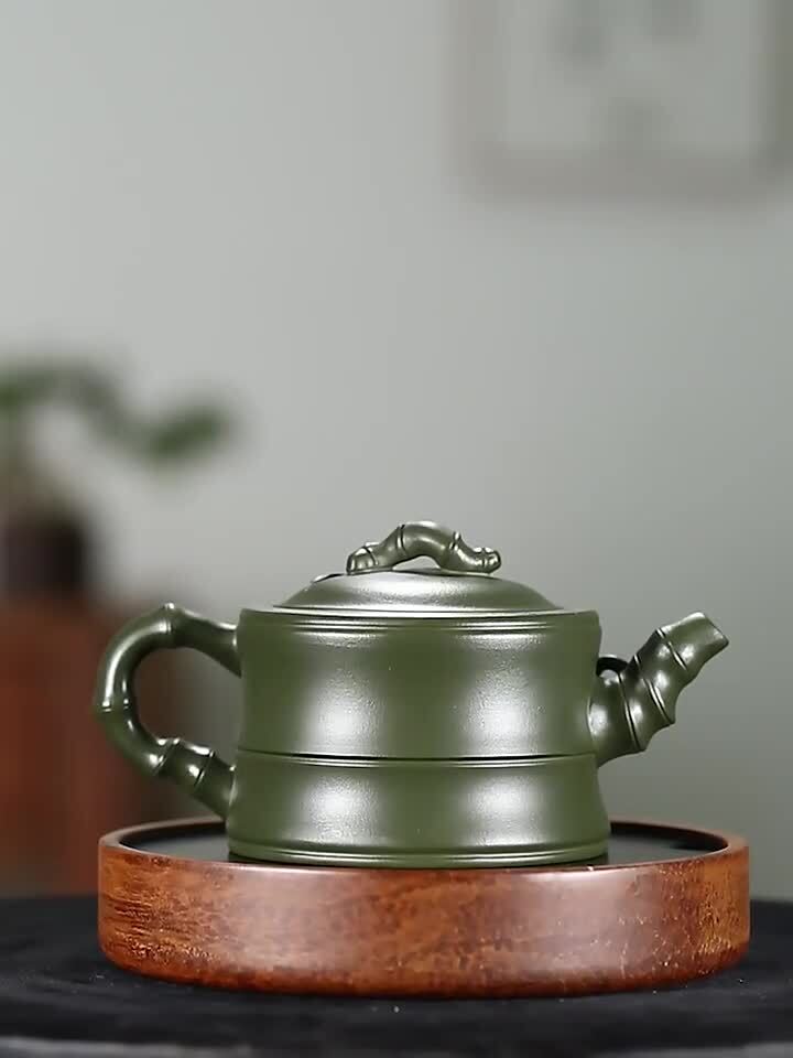 Tea Pot Marked Bamboo Carved Real Yixing Zisha Green Clay Handmade Pot 240ml New