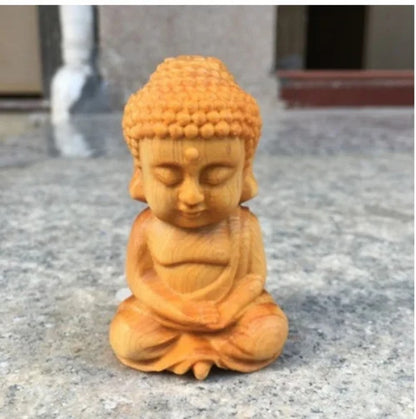 Buddha Statue Desktop Ornament Cliff Cypress Wood Carving Figurine Crafts