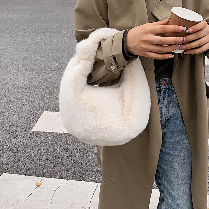 Small Half Moon Bag Warm Plush Bags Furry Short Handle Clutch Cute Handbag Purse