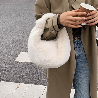 Small Half Moon Bag Warm Plush Bags Furry Short Handle Clutch Cute Handbag Purse