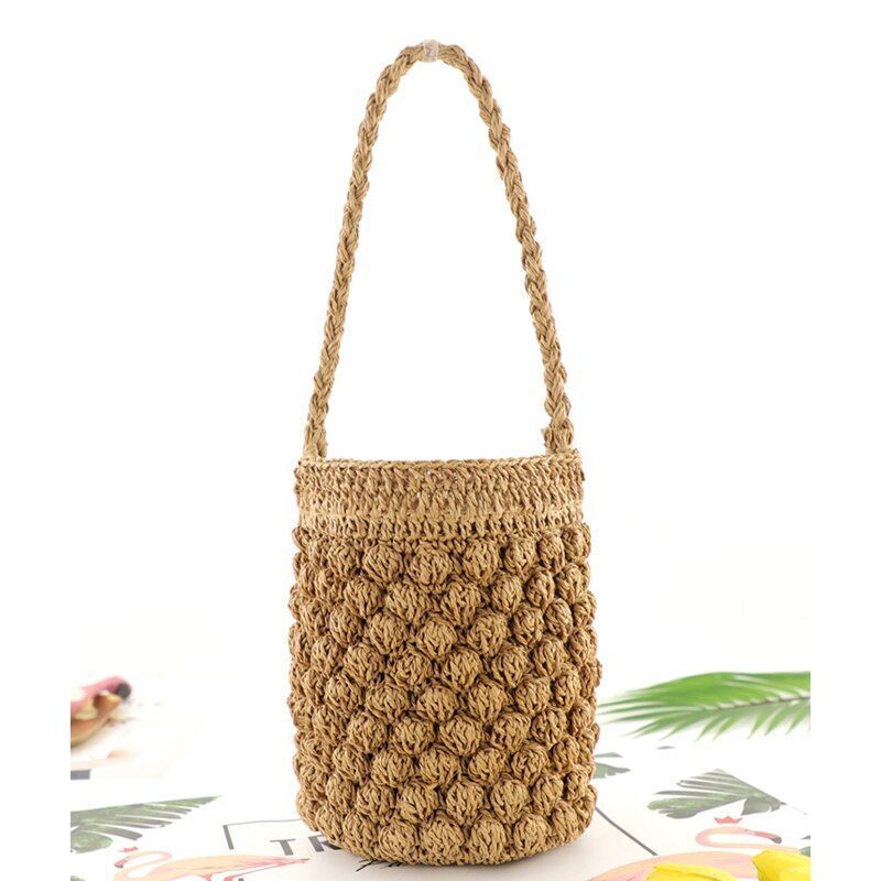 Straw Bag Vacation Beach Purse Small Bucket Portable Fashion Woven Bags 15*22 CM
