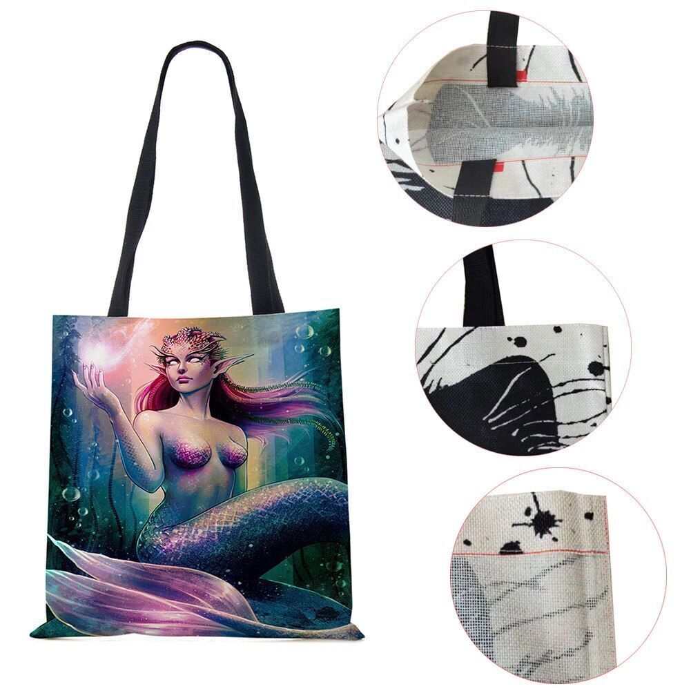 Mermaid Print Shoulder Bag Women Shopping Reusable Bags Large Travel Beach Bags