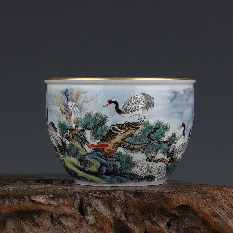 125ML Chinese Porcelain Jingdezhen Colour Enamel Pine Crane Pattern Tea Cups
