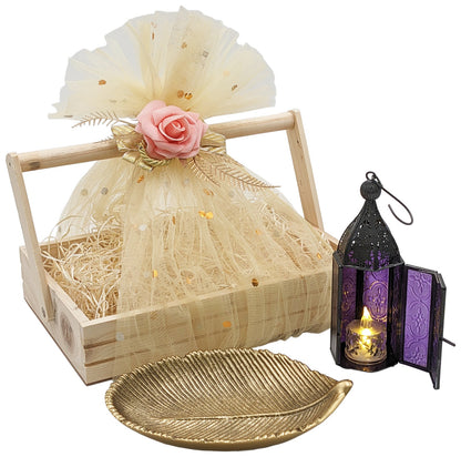 Leaves of Purple Light Gift Basket, Metal Leaf Jewelry Tray & Lantern LED Light