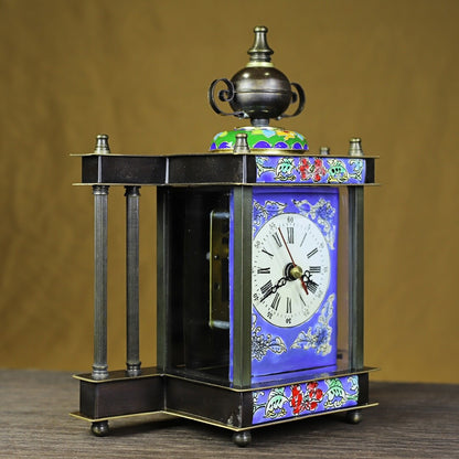 8.07" China Cloisonné Bronze Colour Enamels Flower Column Mechanical Desk Clock
