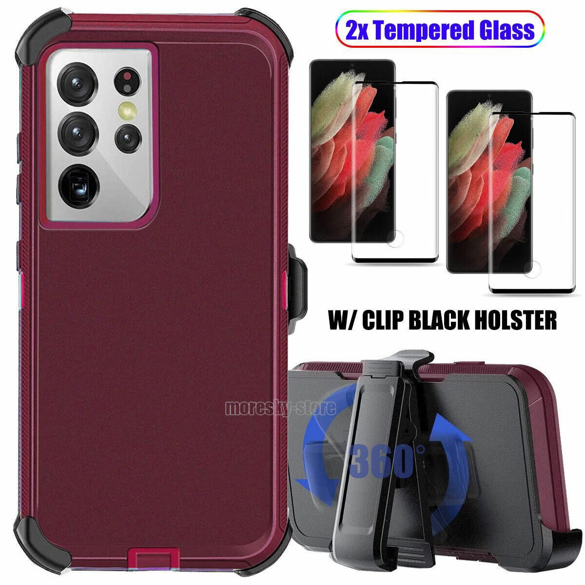 For Samsung Galaxy S21 Plus/Ultra 5G Hard Belt Clip Case Cover Tempered Glass