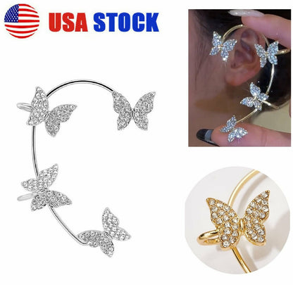 1 pair Butterfly Ear Clip Silver Zircon Earrings Cuff Wrap Women Jewelry Gifts