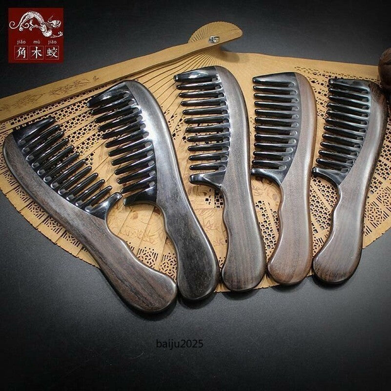 Wide Wooden Handle Toothed Comb Antistatic Natural Black Buffalo Hair Comb