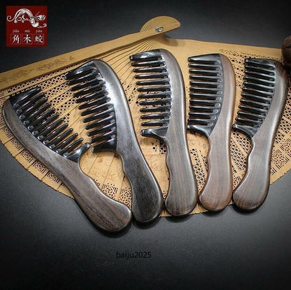 Wide Wooden Handle Toothed Comb Antistatic Natural Black Buffalo Hair Comb