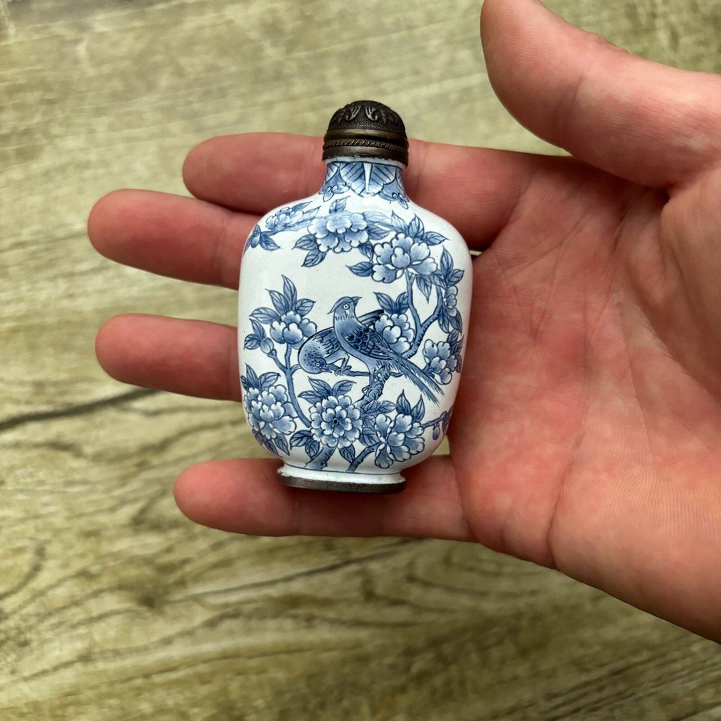Chinese Cloisonne Snuff Bottle Painted Flower Bird blue and white porcelain Art