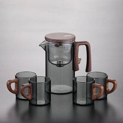 Boutique Tea Pot Matching Cup Glass Wood Handle Tea Tray Tea Water Separation